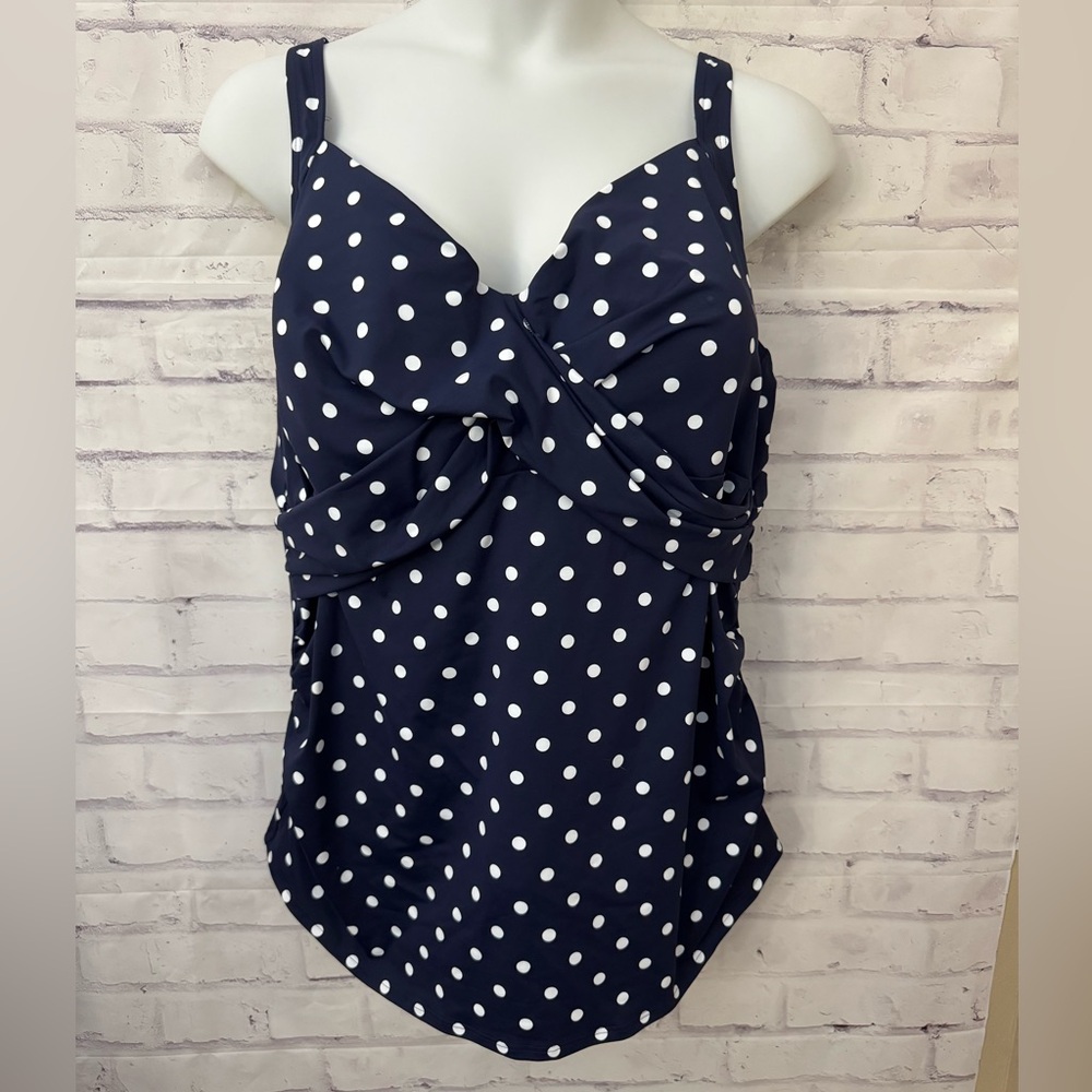 Lands’ End Sz 26W‎ Tummy Control UW Wrap Tankini Swimsuit Top Blue Polka Dot